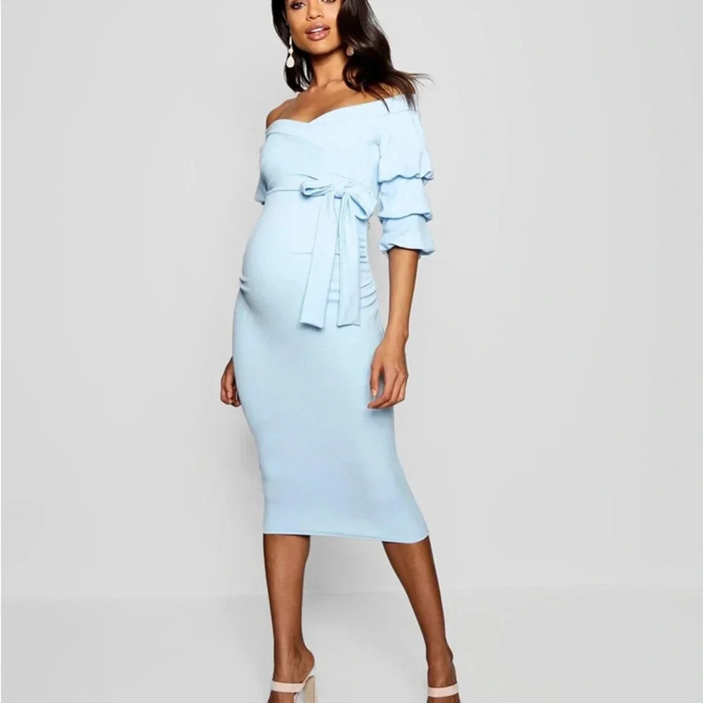 NWT Elegant Light Blue Off-Shoulder Maternity Dress 12